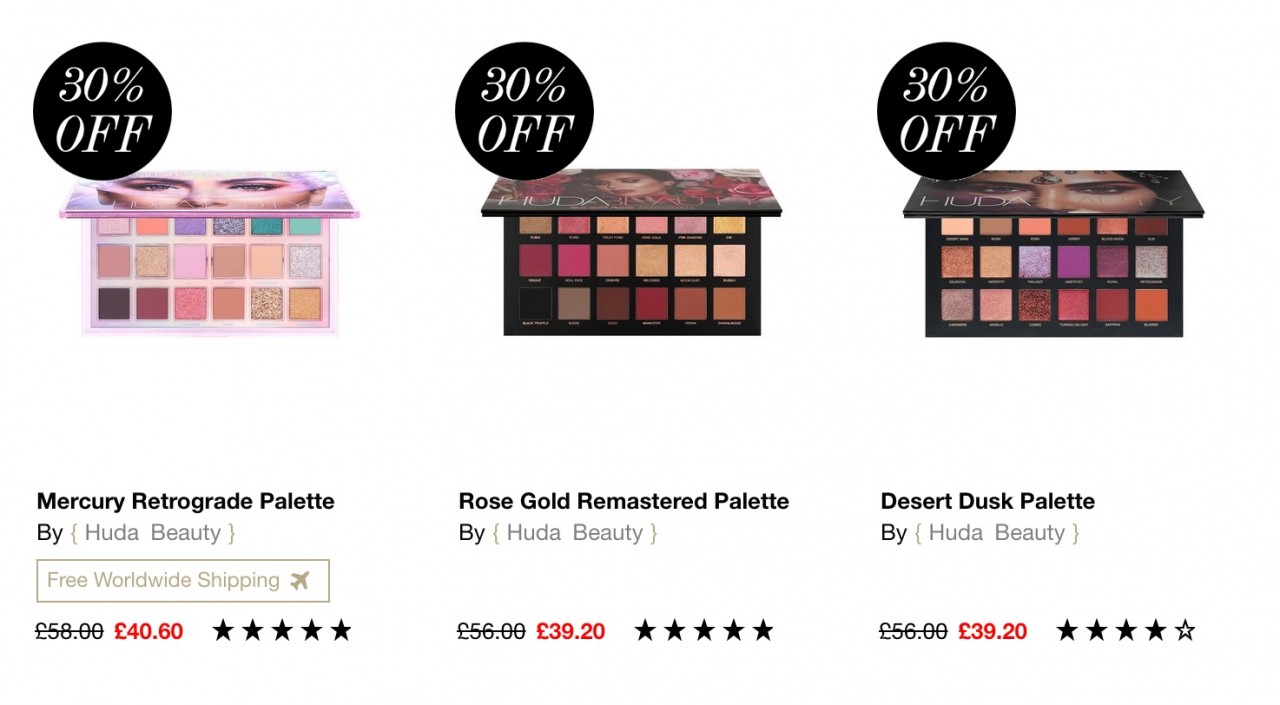 скидка 30% на 3 палетки Huda Beauty на Cult Beauty скидка 30% на 3 палетки Huda Beauty на Cult Beauty