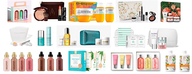 наборы Guerlain, Sol De Janeiro, Glow Hub, Origins, Bobbi Brown, RMS Beauty, Elemis, Foreo, La Mer, Bioeffect, Daniel Sandler, Philip Kingsley, Molton Brown