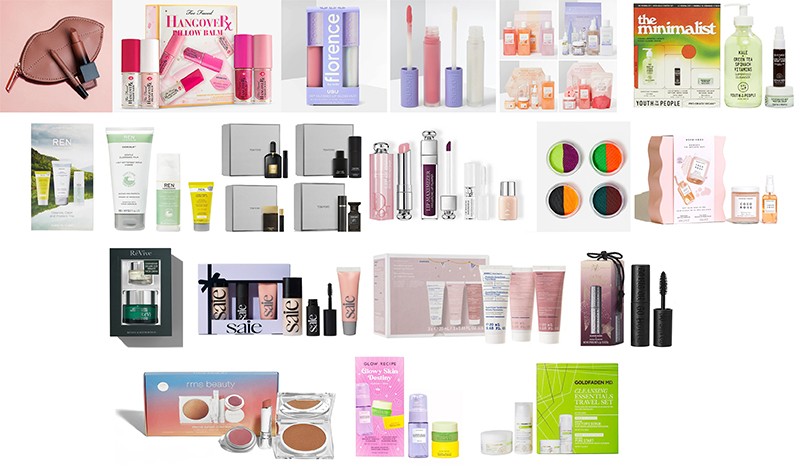 наборы Huda Beauty, Too Faced, Florence by Mills, Sunday Rain, Youth To The People, REN Clean Skincare, Tom Ford, Dior, Glisten Cosmetics, Herbivore, Revive, Korres, Saie, RMS Beauty, KVD Beauty, Glow Recipe, Goldfaden MD
