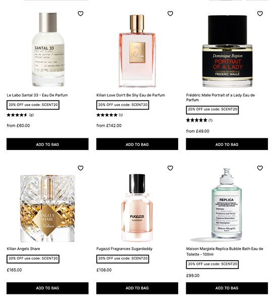  скидка 20% на ароматы на Cult Beauty 