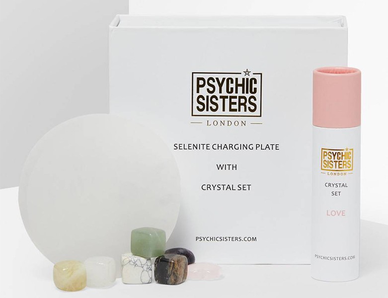 Psychic Sisters Selenite Charging Plate and Crystal Set